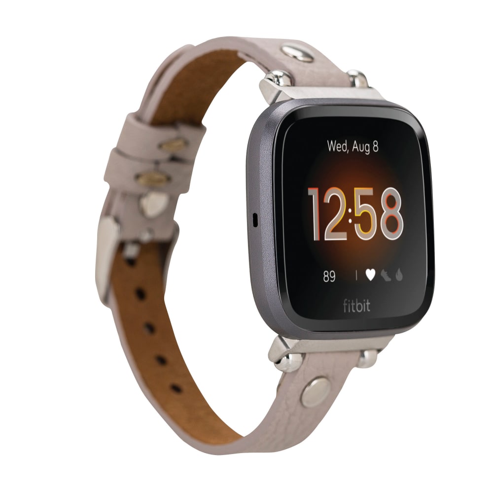 Luxury Beige Leather Fitbit Watch Band for All Series & Sizes with Silver Rivet - MADUEM - 1