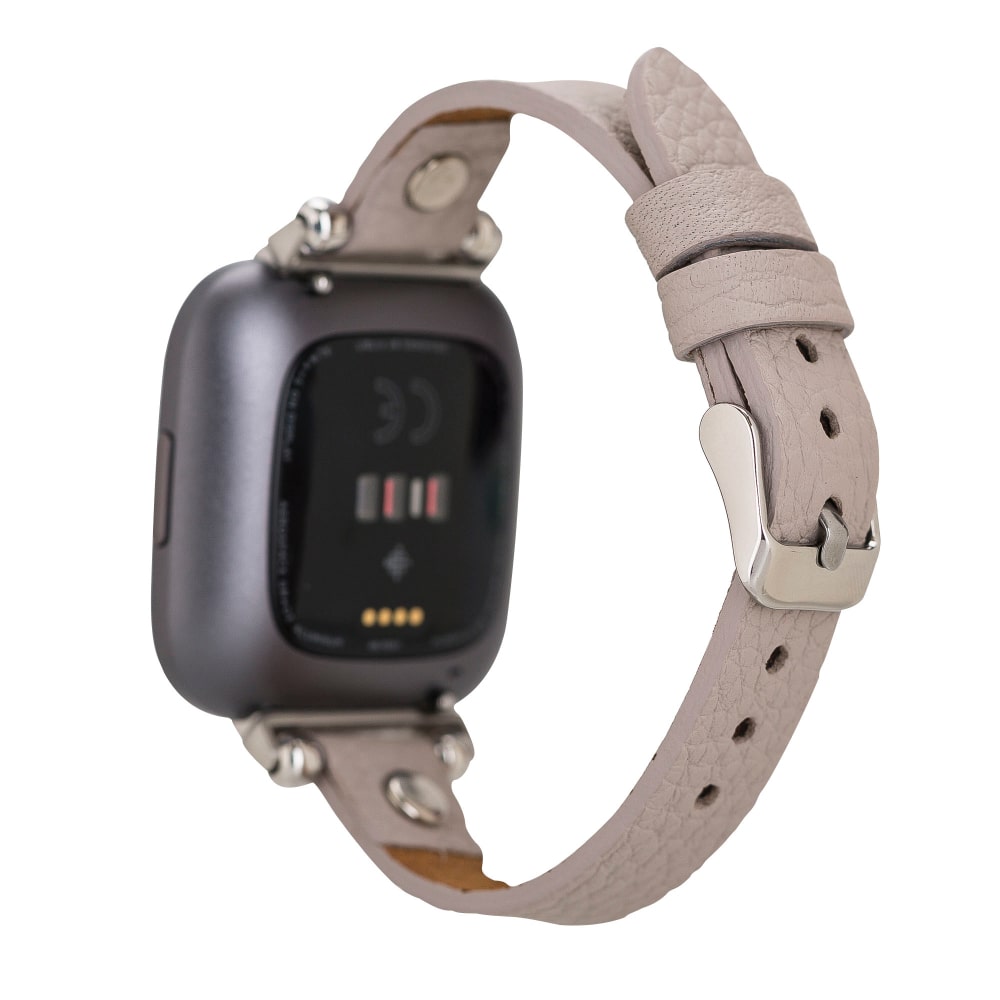 Luxury Beige Leather Fitbit Watch Band for All Series & Sizes with Silver Rivet - MADUEM - 17