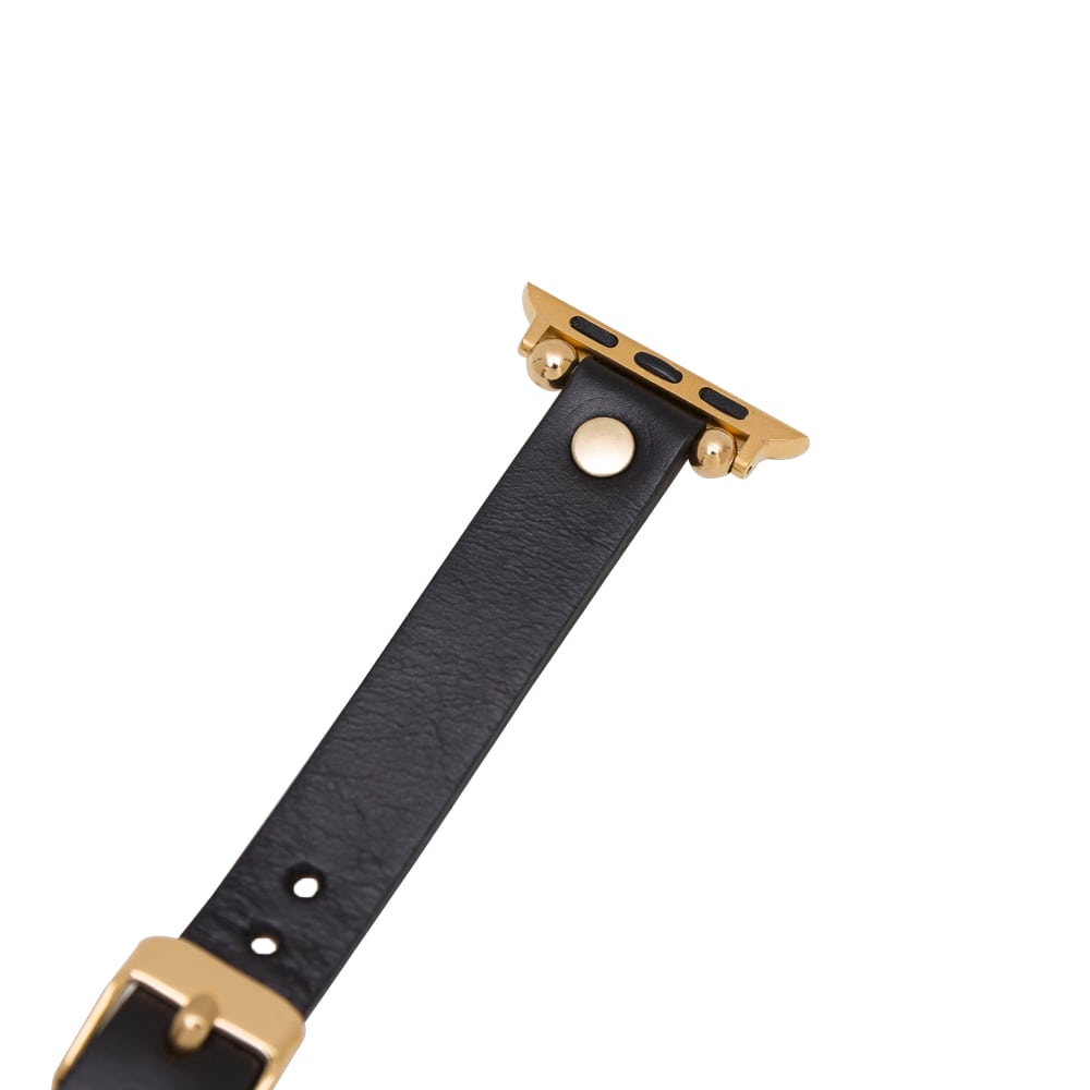 Luxury Black Skinny Leather Apple Watch Band for All Series & Sizes with Gold Trok- MADUEM - 4