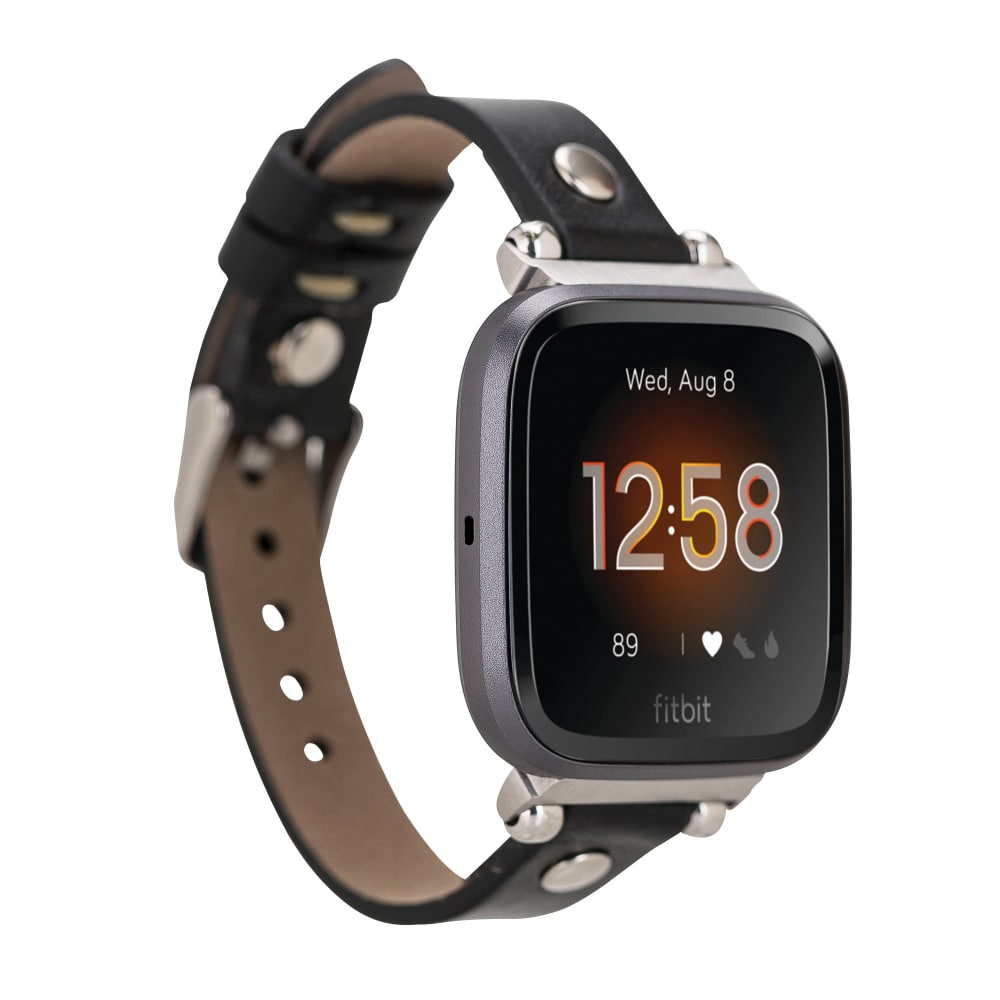 Luxury Black Leather Fitbit Watch Band for All Series & Sizes Silver Rivet- MADUEM - 11