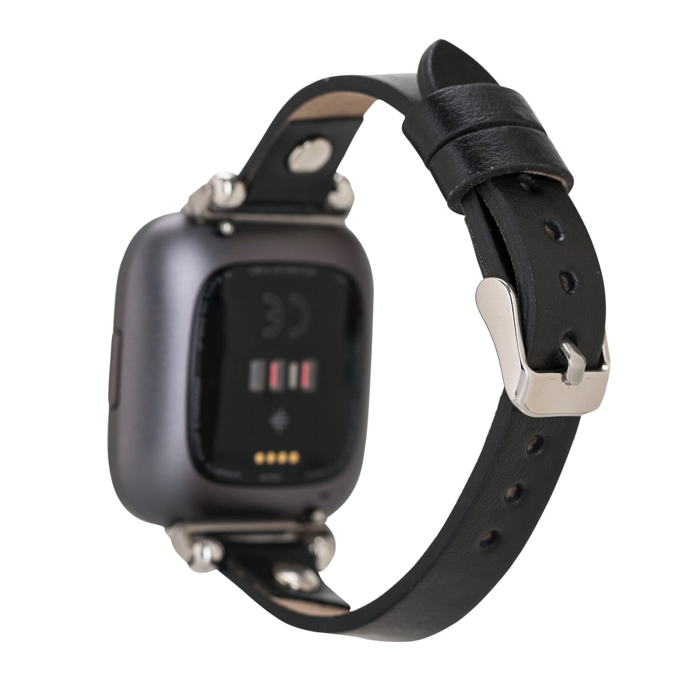 Luxury Black Leather Fitbit Watch Band for All Series & Sizes Silver Rivet- MADUEM - 12