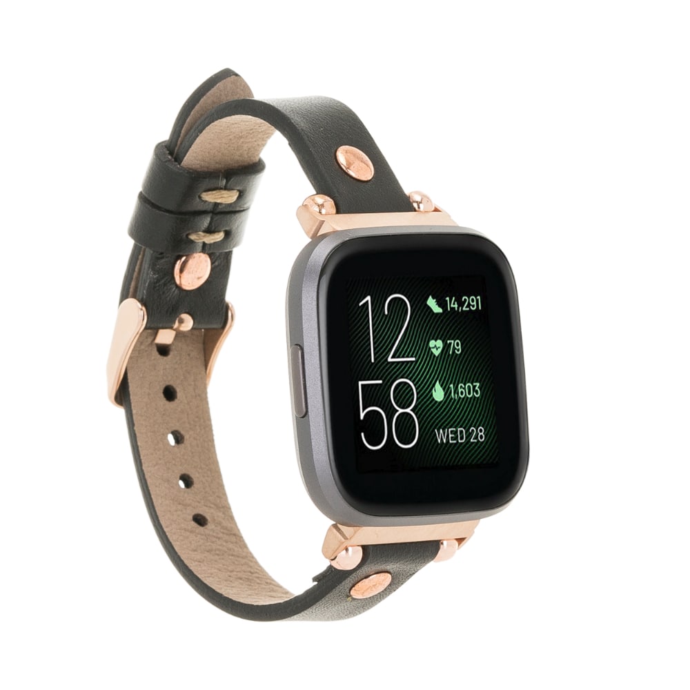 Luxury Black Leather Fitbit Watch Band for All Series & Sizes Rose Gold Rivet- MADUEM - 7