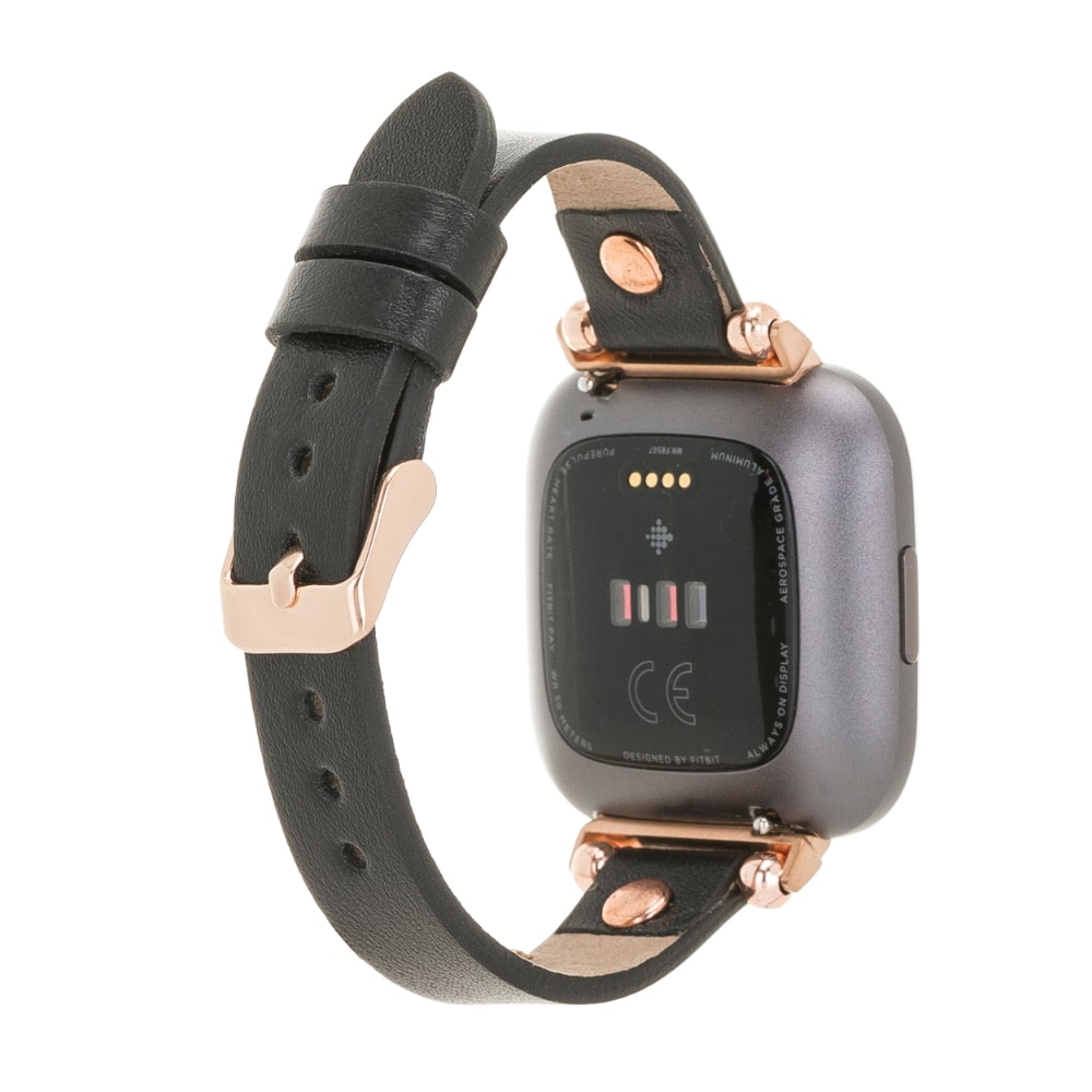 Luxury Black Leather Fitbit Watch Band for All Series & Sizes Rose Gold Rivet- MADUEM - 8