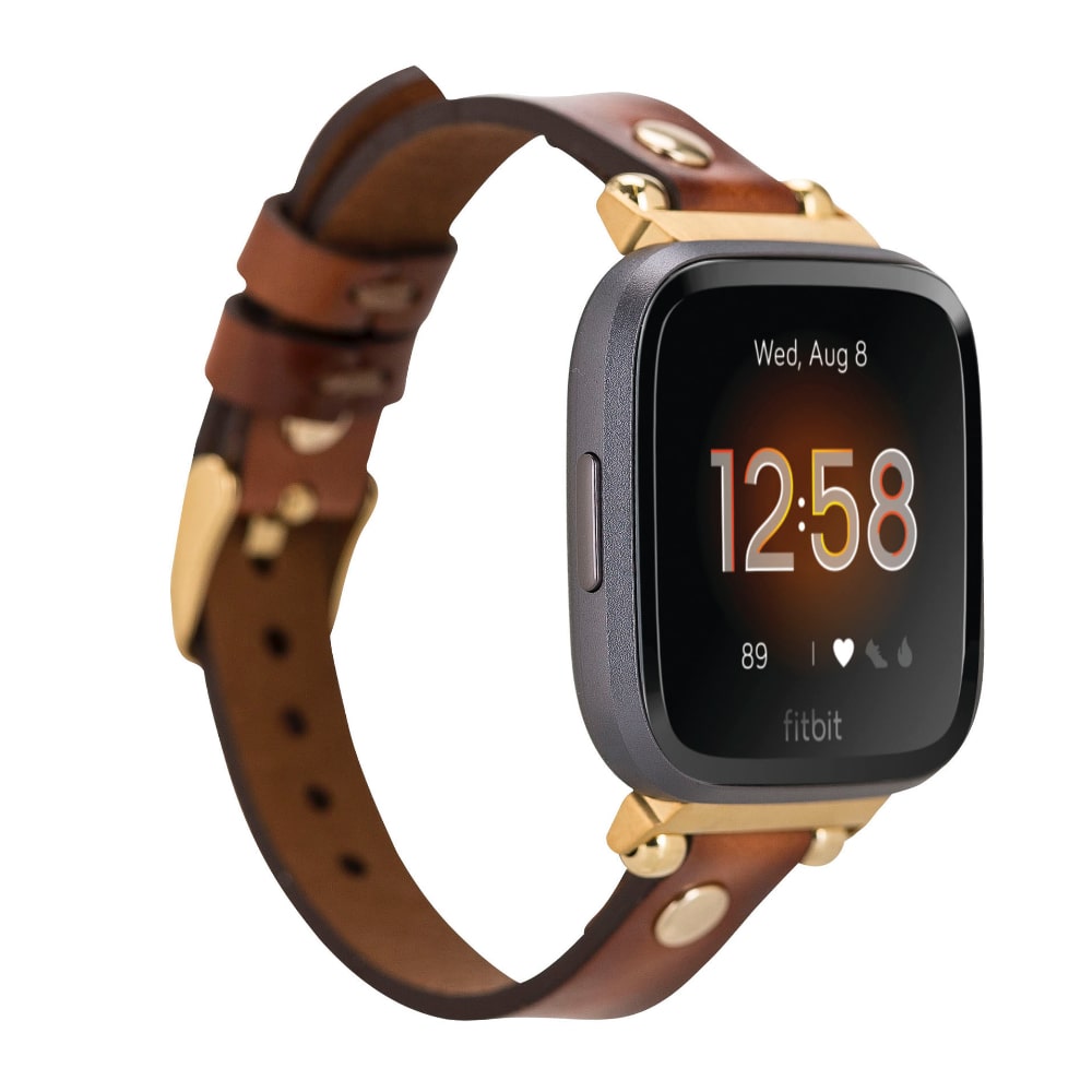 Luxury Burnished Brown Leather Fitbit Watch Band for All Series & Sizes with Gold Rivet - MADUEM - 1