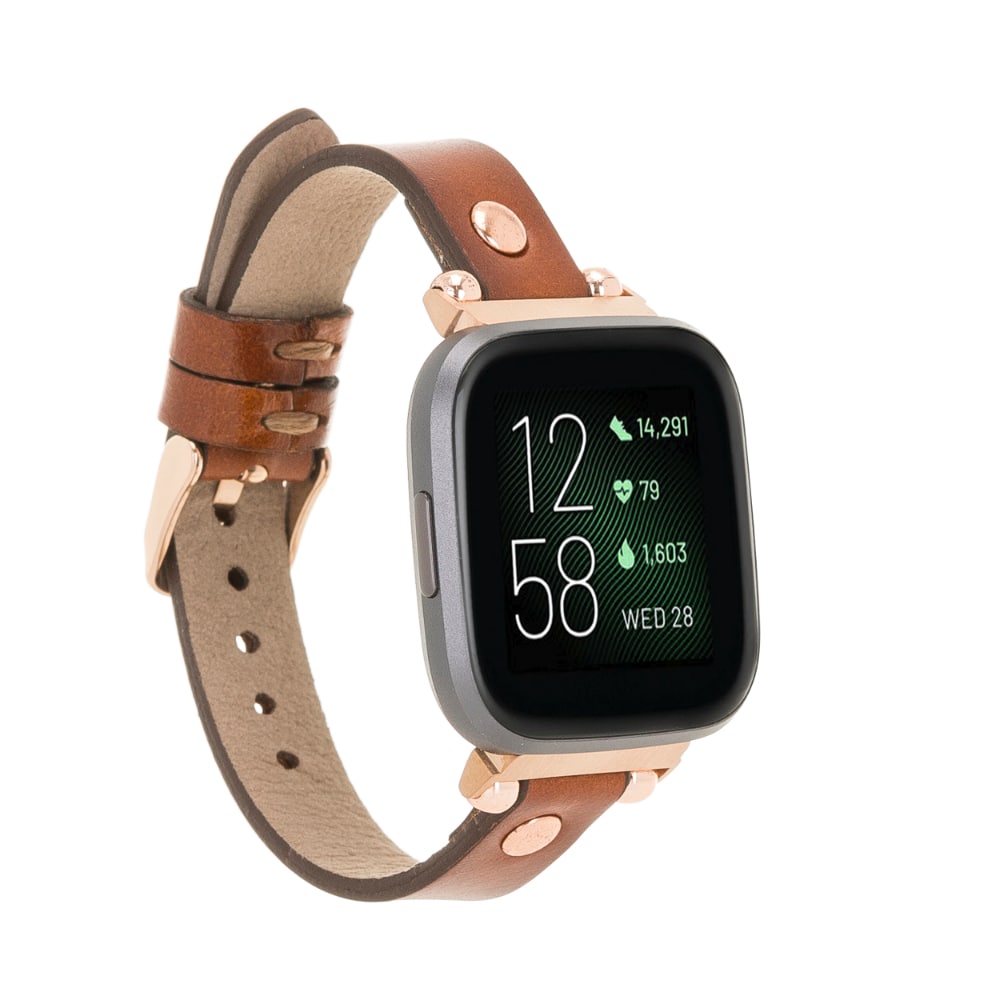 Luxury Burnished Brown Leather Fitbit Watch Band for All Series & Sizes with Rose Gold Rivet - MADUEM - 1