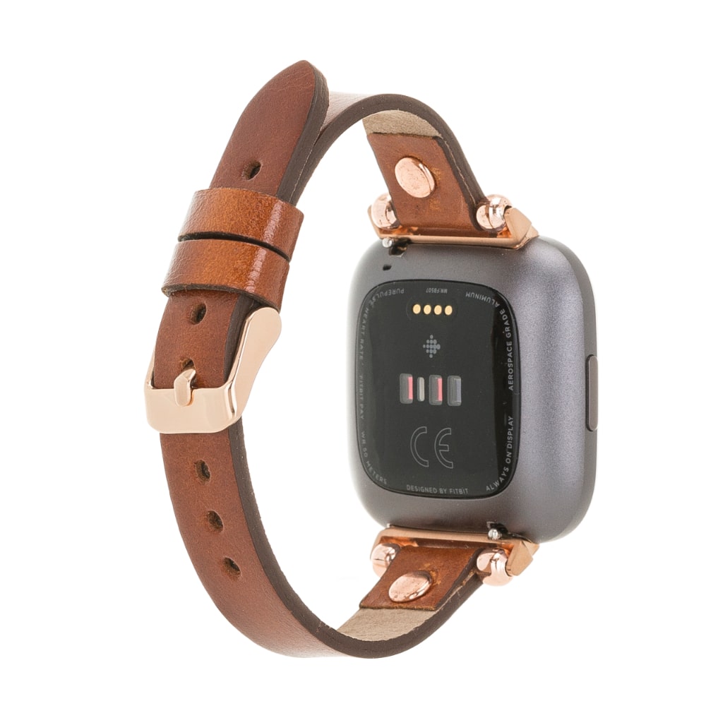 Luxury Burnished Brown Leather Fitbit Watch Band for All Series & Sizes with Rose Gold Rivet - MADUEM - 2