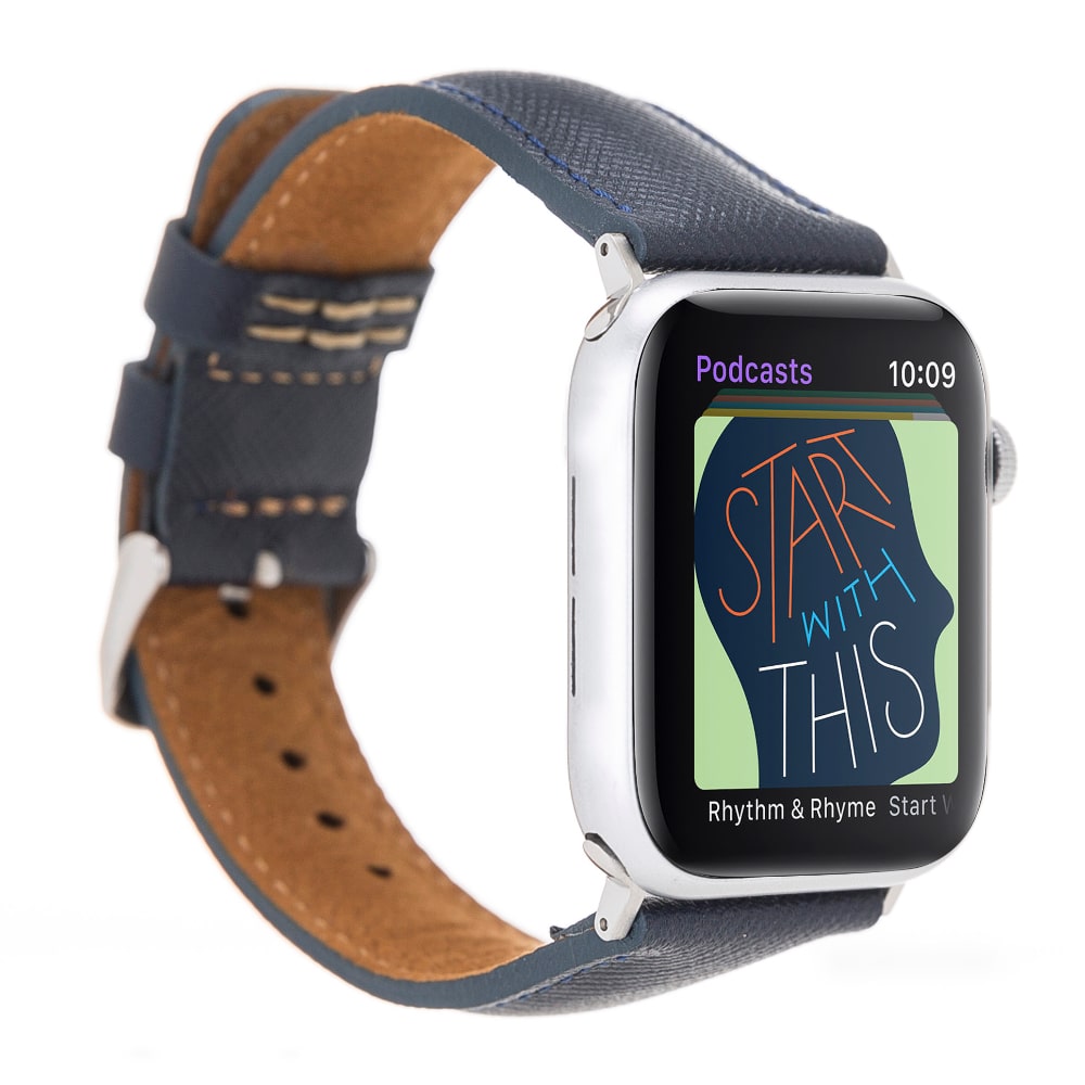 Luxury Dark Blue Classic Leather Apple Watch Band for All Series & Sizes - MADUEM - 1