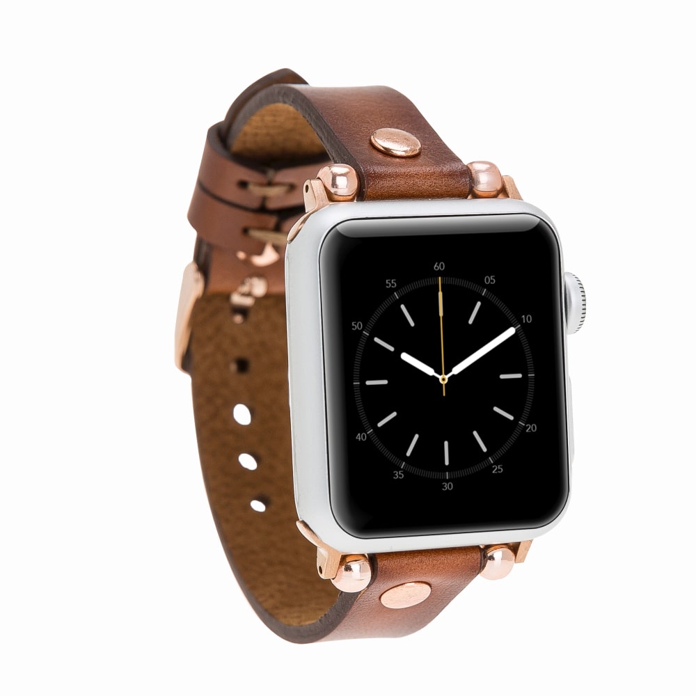 Luxury Golden Brown Skinny Leather Apple Watch Band for All Series & Sizes with Rose Gold Rivet - MADUEM - 1