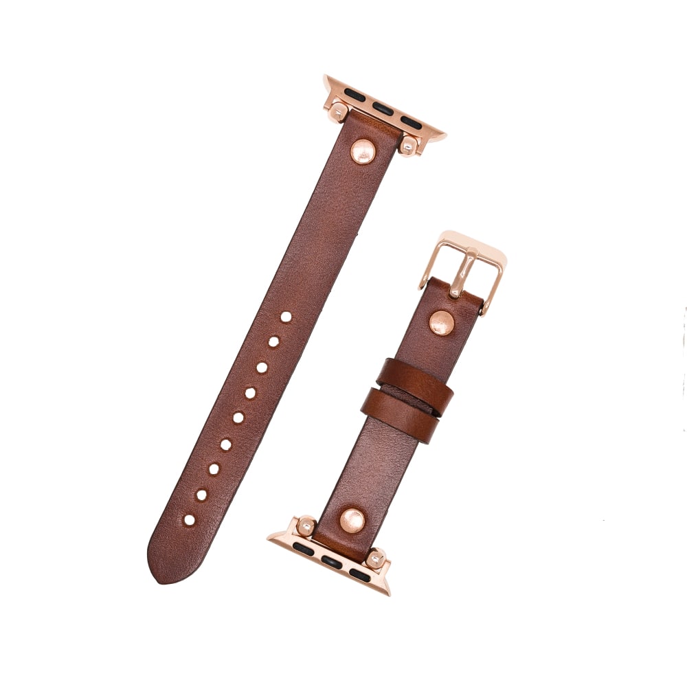 Luxury Golden Brown Skinny Leather Apple Watch Band for All Series & Sizes with Rose Gold Rivet - MADUEM - 10