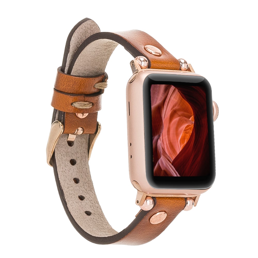 Luxury Golden Brown Skinny Leather Apple Watch Band for All Series & Sizes with Rose Gold Rivet - MADUEM - 11