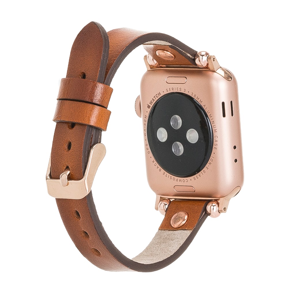 Luxury Golden Brown Skinny Leather Apple Watch Band for All Series & Sizes with Rose Gold Rivet - MADUEM - 12
