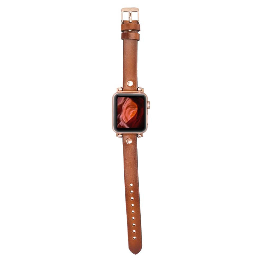 Luxury Golden Brown Skinny Leather Apple Watch Band for All Series & Sizes with Rose Gold Rivet - MADUEM - 14
