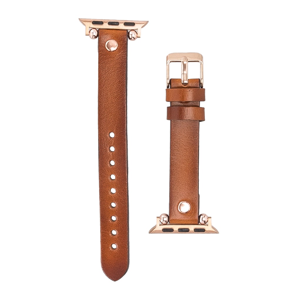 Luxury Golden Brown Skinny Leather Apple Watch Band for All Series & Sizes with Rose Gold Rivet - MADUEM - 15