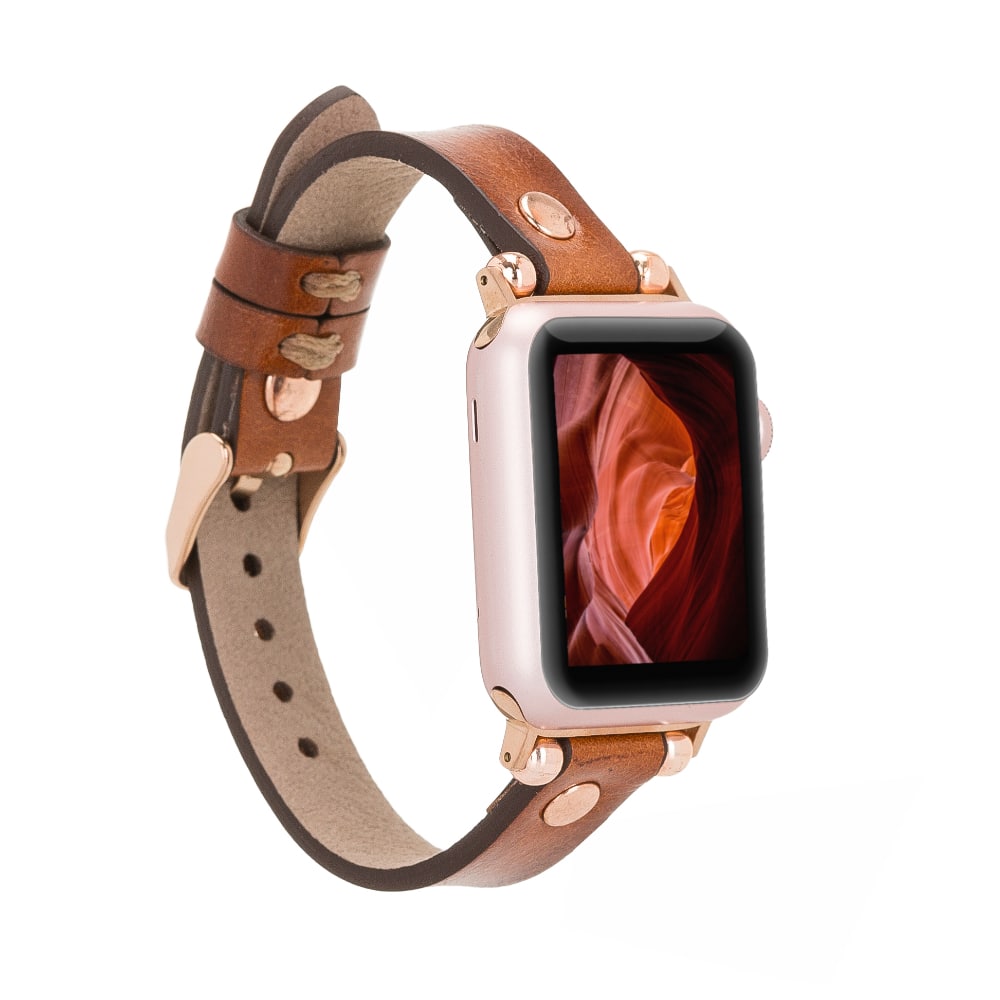 Luxury Golden Brown Skinny Leather Apple Watch Band for All Series & Sizes with Rose Gold Rivet - MADUEM - 16