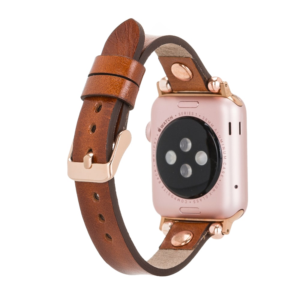 Luxury Golden Brown Skinny Leather Apple Watch Band for All Series & Sizes with Rose Gold Rivet - MADUEM - 17