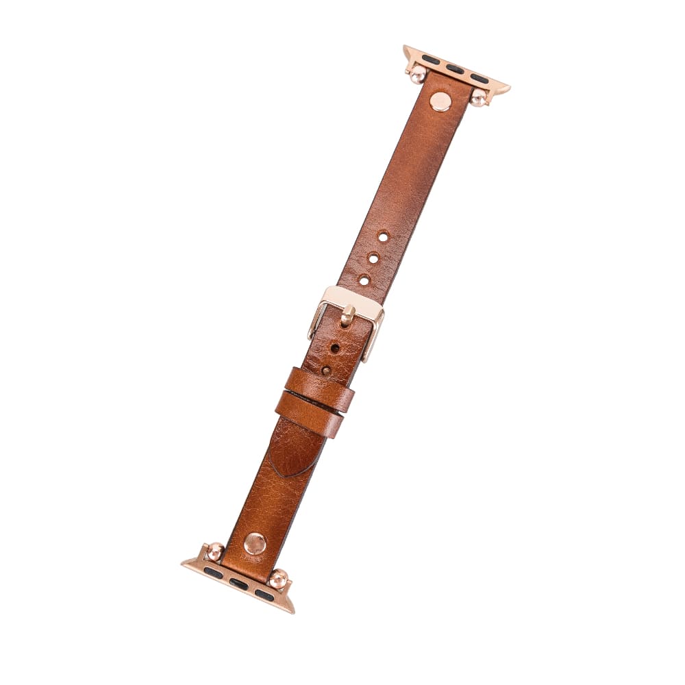 Luxury Golden Brown Skinny Leather Apple Watch Band for All Series & Sizes with Rose Gold Rivet - MADUEM - 18