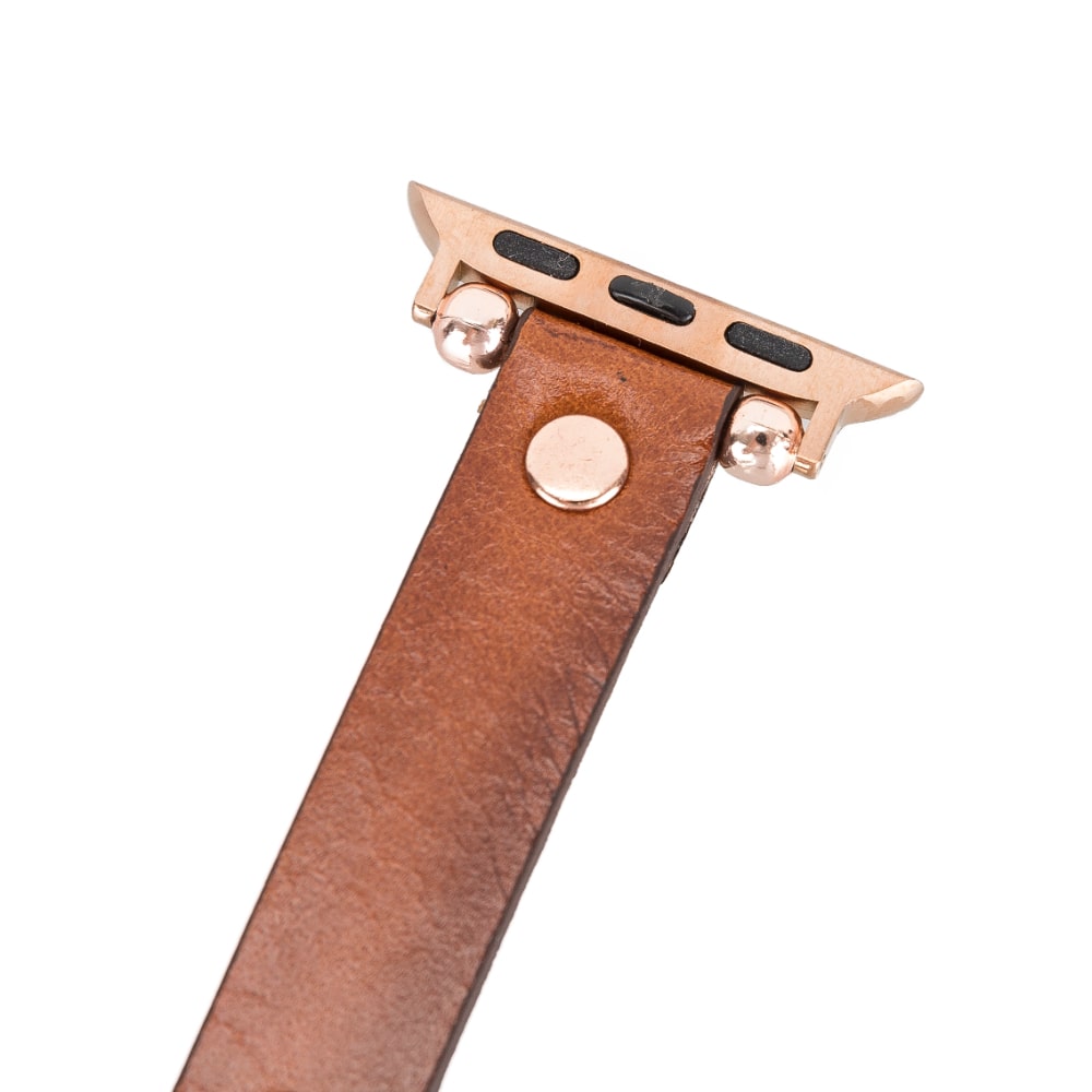 Luxury Golden Brown Skinny Leather Apple Watch Band for All Series & Sizes with Rose Gold Rivet - MADUEM - 19