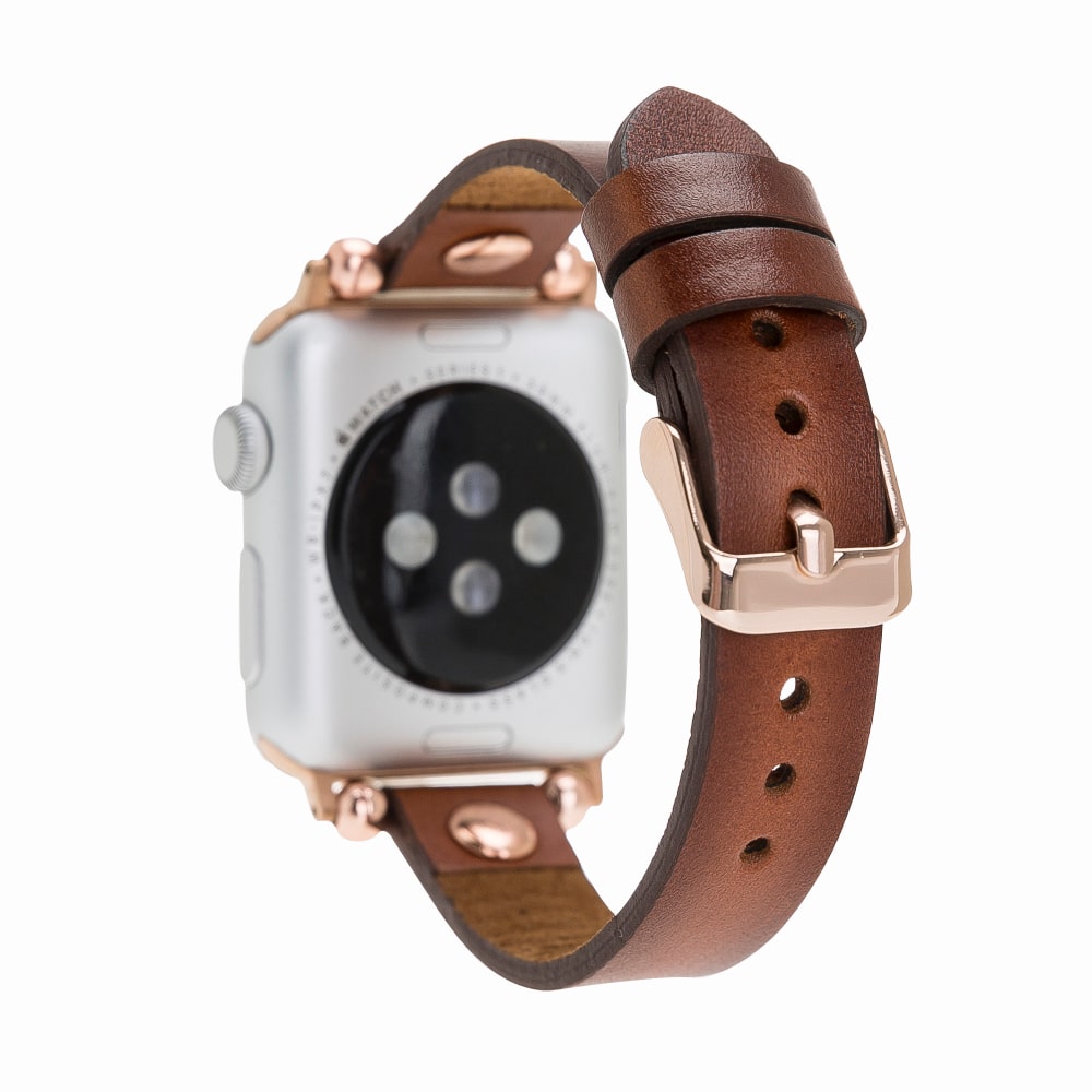 Luxury Golden Brown Skinny Leather Apple Watch Band for All Series & Sizes with Rose Gold Rivet - MADUEM - 2