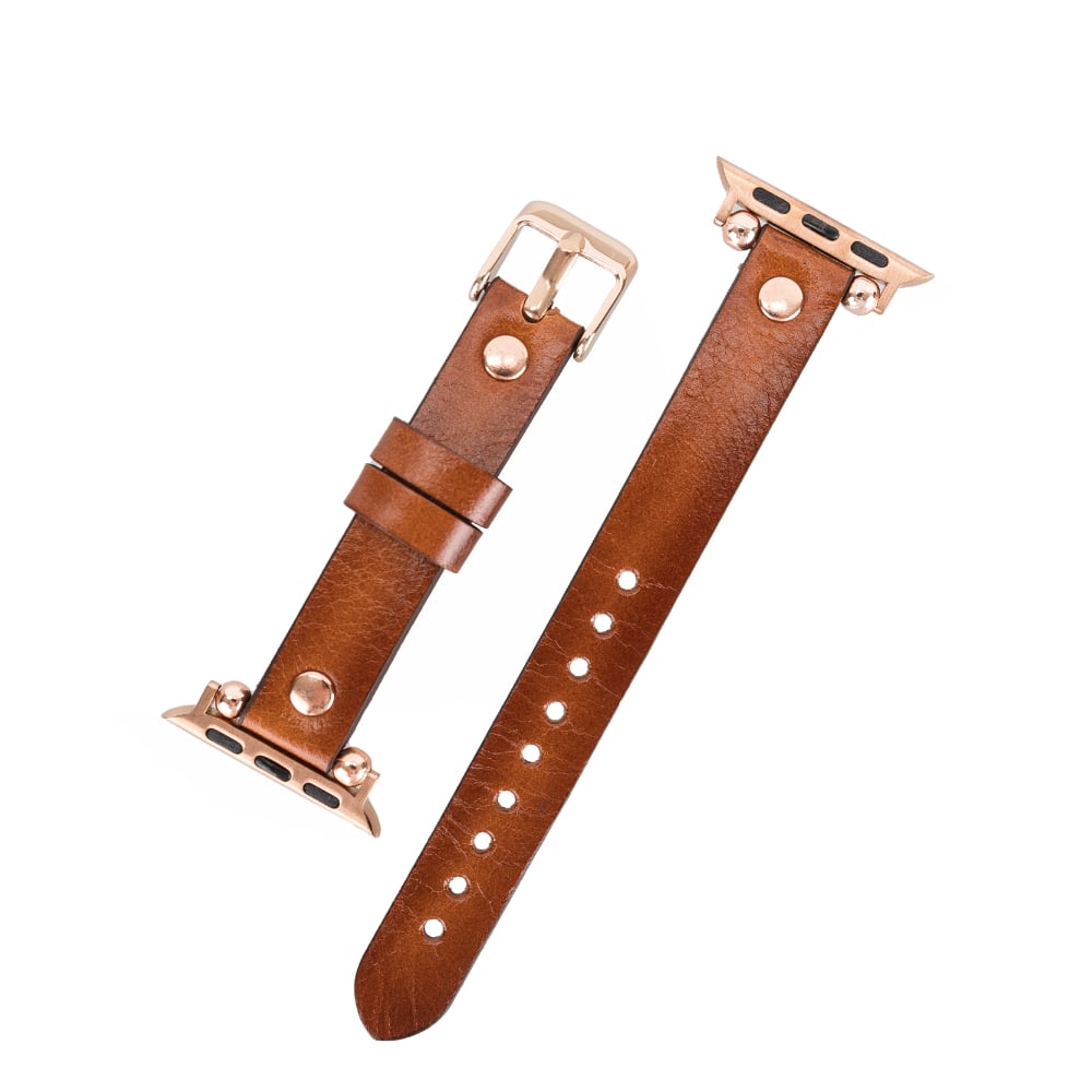 Luxury Golden Brown Skinny Leather Apple Watch Band for All Series & Sizes with Rose Gold Rivet - MADUEM - 20