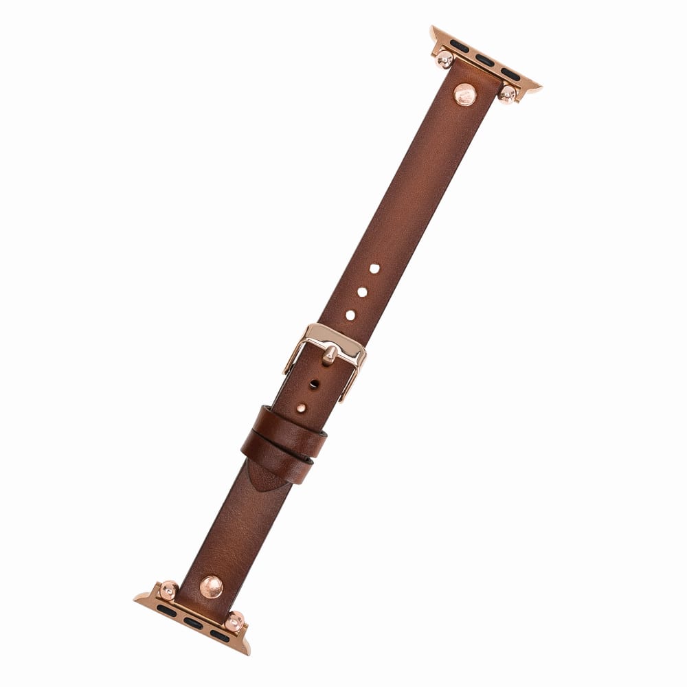 Luxury Golden Brown Skinny Leather Apple Watch Band for All Series & Sizes with Rose Gold Rivet - MADUEM - 3