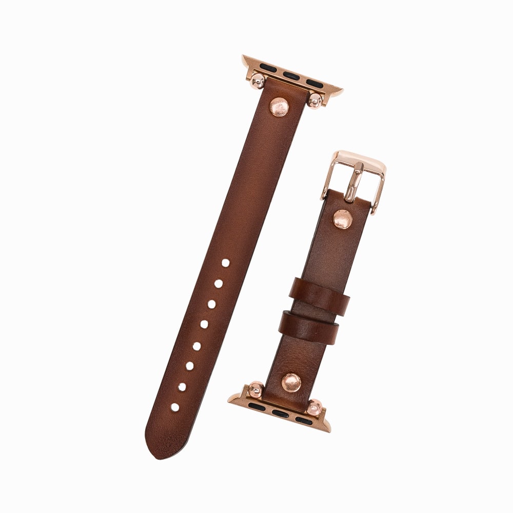 Luxury Golden Brown Skinny Leather Apple Watch Band for All Series & Sizes with Rose Gold Rivet - MADUEM - 4