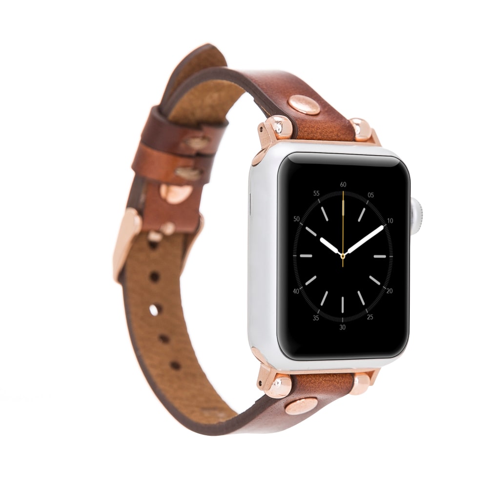 Luxury Golden Brown Skinny Leather Apple Watch Band for All Series & Sizes with Rose Gold Rivet - MADUEM - 5