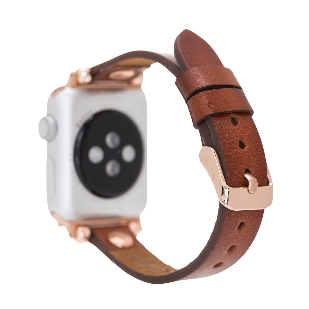 Luxury Golden Brown Skinny Leather Apple Watch Band for All Series & Sizes with Rose Gold Rivet - MADUEM - 6