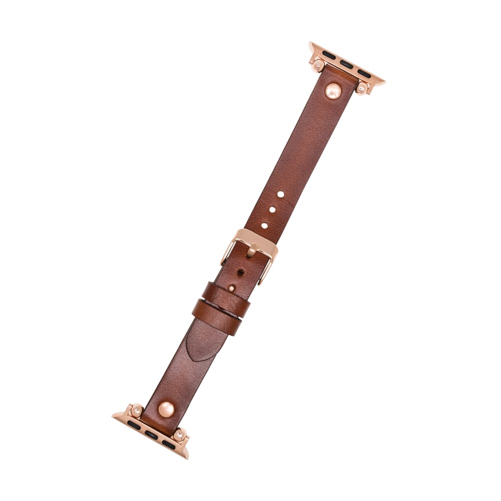 Luxury Golden Brown Skinny Leather Apple Watch Band for All Series & Sizes with Rose Gold Rivet - MADUEM - 7