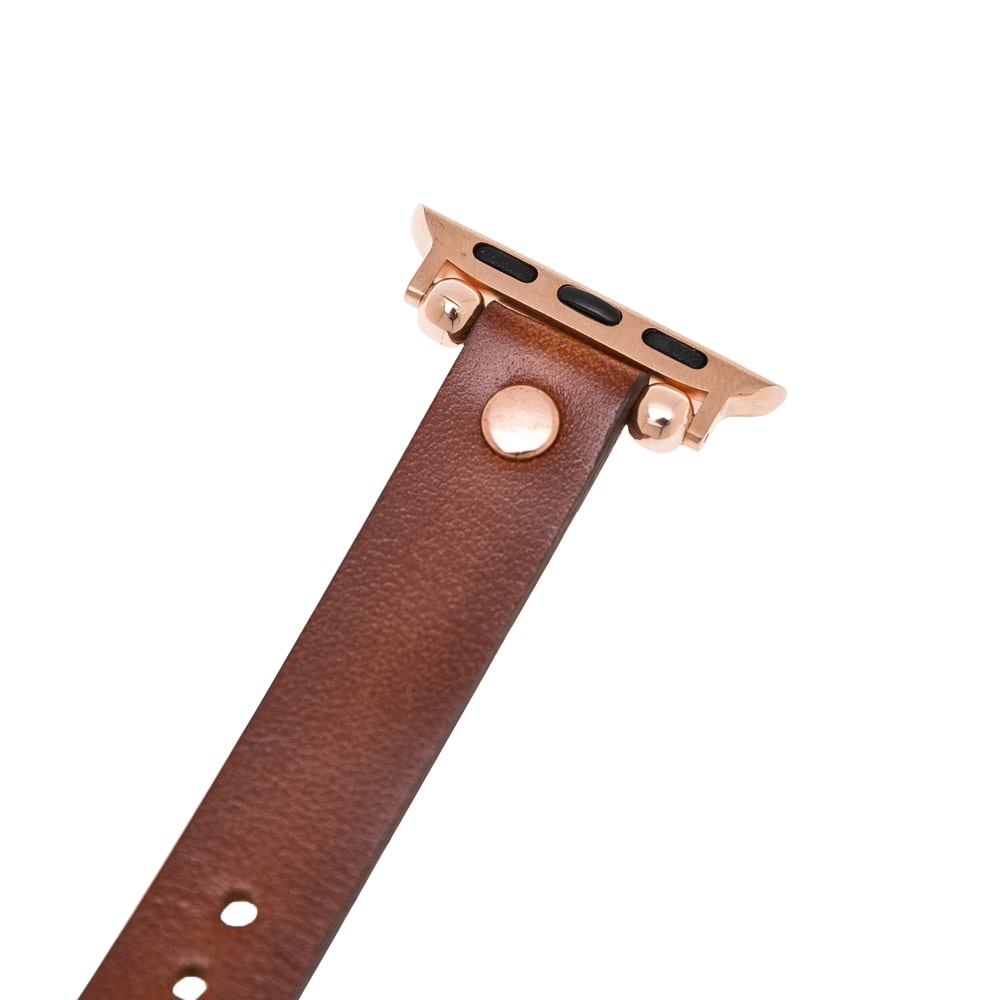 Luxury Golden Brown Skinny Leather Apple Watch Band for All Series & Sizes with Rose Gold Rivet - MADUEM - 9