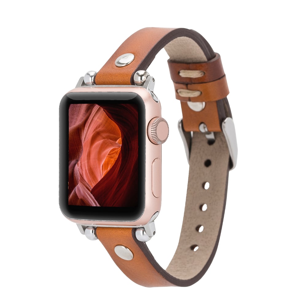 Luxury Golden Brown Skinny Leather Apple Watch Band for All Series & Sizes with Silver Rivet - MADUEM - 1