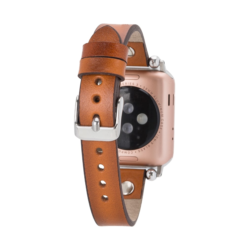 Luxury Golden Brown Skinny Leather Apple Watch Band for All Series & Sizes with Silver Rivet - MADUEM - 2