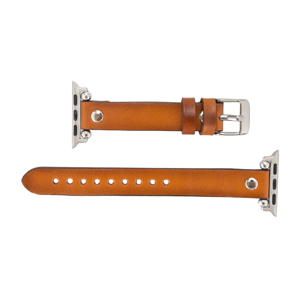 Luxury Golden Brown Skinny Leather Apple Watch Band for All Series & Sizes with Silver Rivet - MADUEM - 4