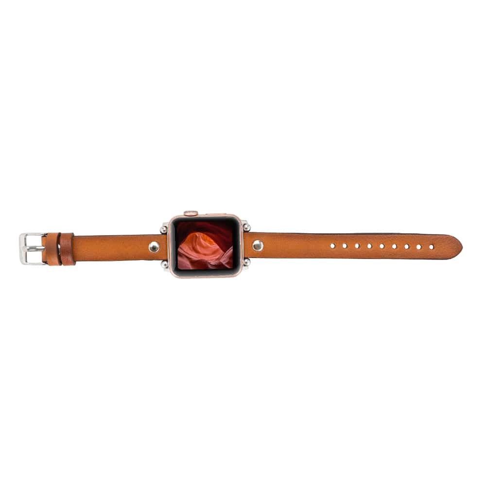 Luxury Golden Brown Skinny Leather Apple Watch Band for All Series & Sizes with Silver Rivet - MADUEM - 5