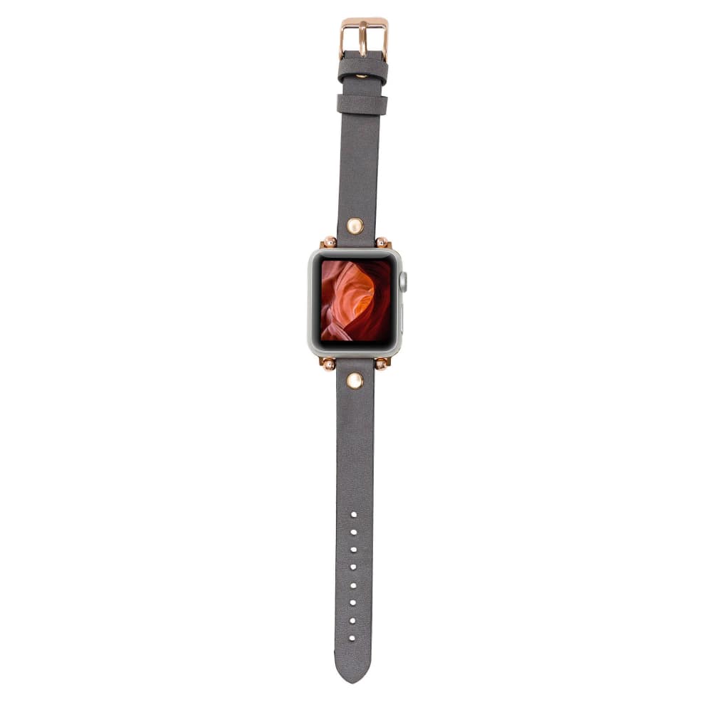 Luxury Gray Skinny Leather Apple Watch Band for All Series & Sizes with Rose Gold Rivet - MADUEM - 1