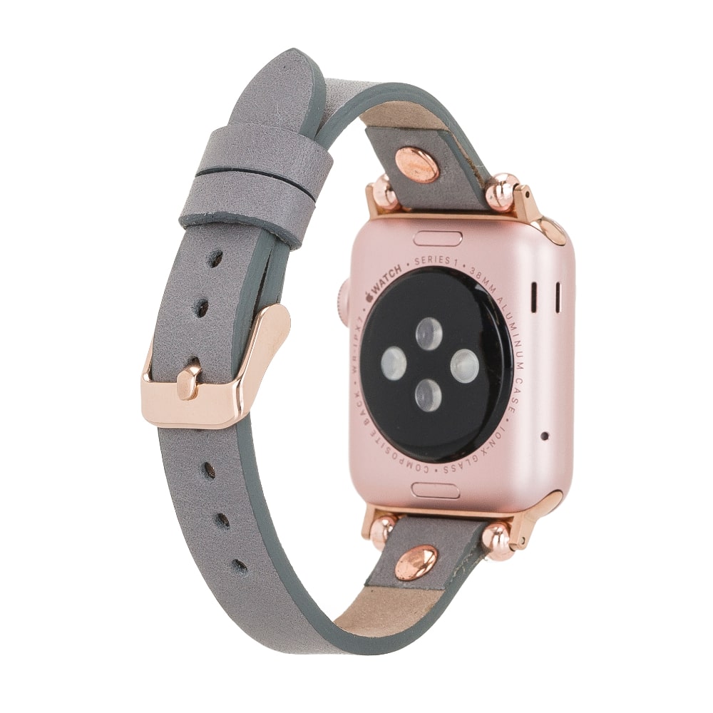 Luxury Gray Skinny Leather Apple Watch Band for All Series & Sizes with Rose Gold Rivet - MADUEM - 3