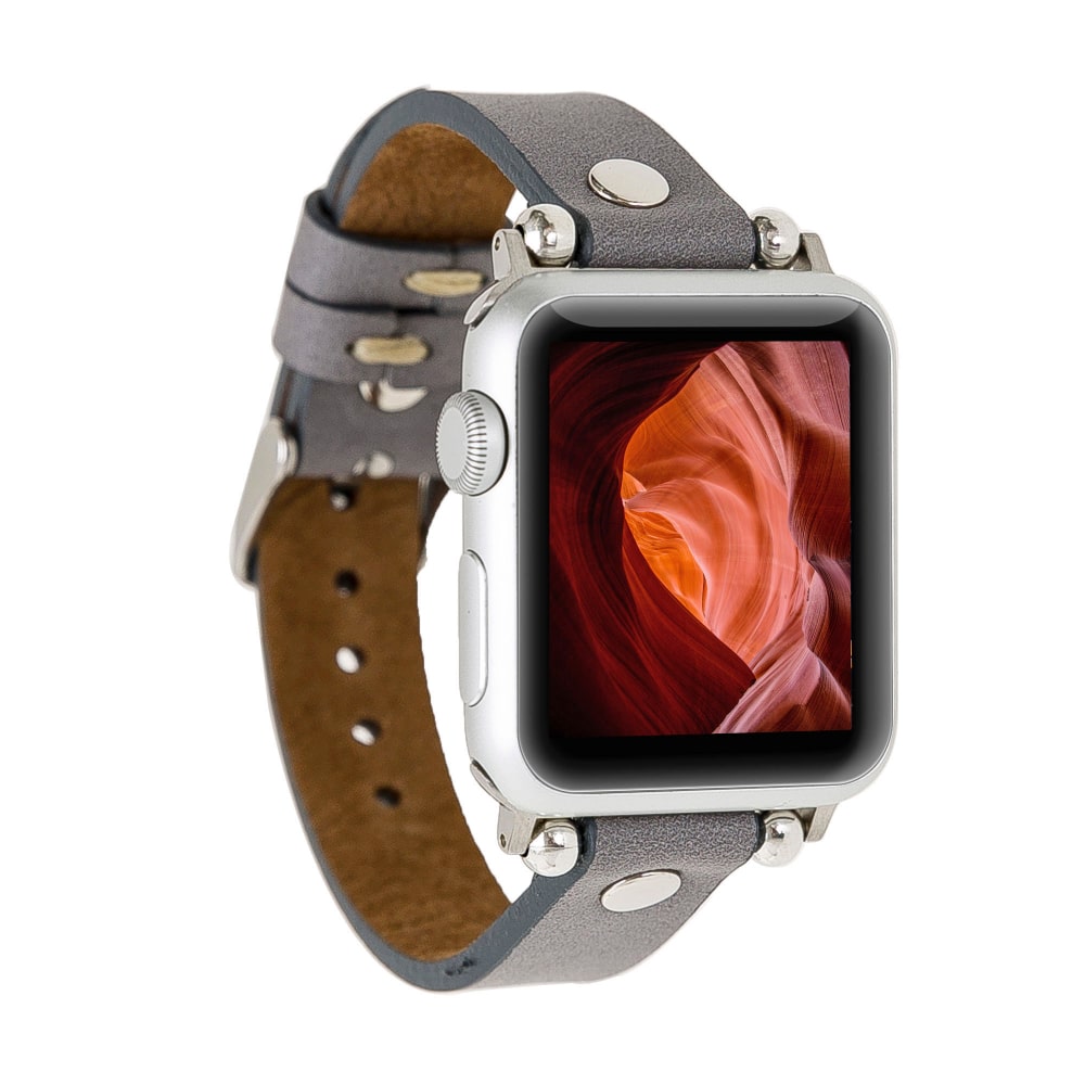 Luxury Gray Skinny Leather Apple Watch Band for All Series & Sizes with Silver Rivet - MADUEM - 5