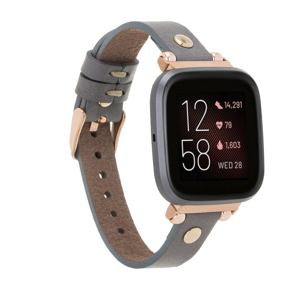 Luxury Gray Leather Fitbit Watch Band for All Series & Sizes with Gold Rivet - MADUEM - 1