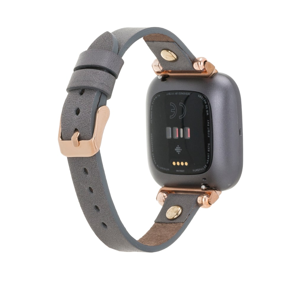 Luxury Gray Leather Fitbit Watch Band for All Series & Sizes with Gold Rivet - MADUEM - 2