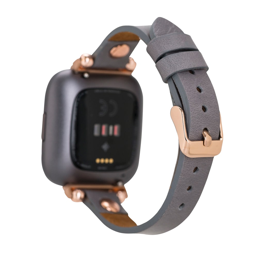 Luxury Gray Leather Fitbit Watch Band for All Series & Sizes with Rose Gold Rivet - MADUEM - 7