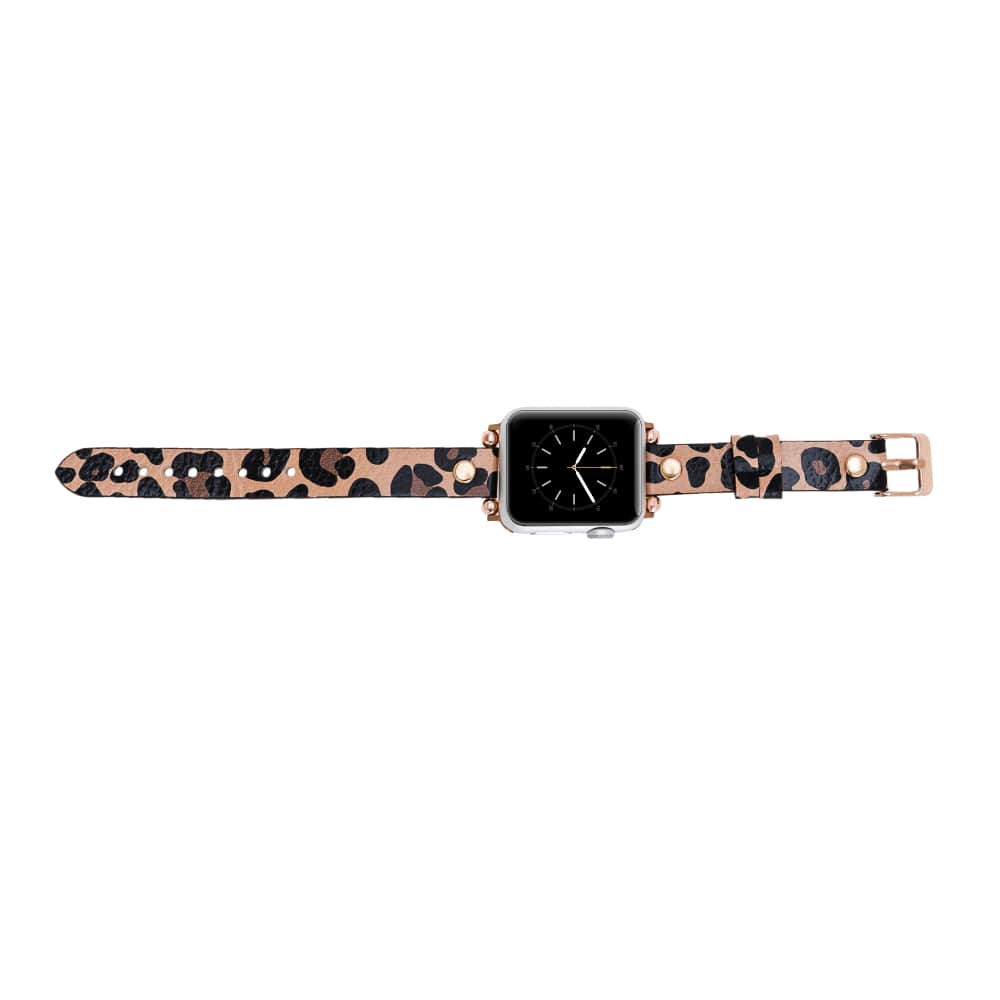 Luxury Leopard Furry Skinny Leather Apple Watch Band for All Series & Sizes with Gold Rivet - MADUEM - 5