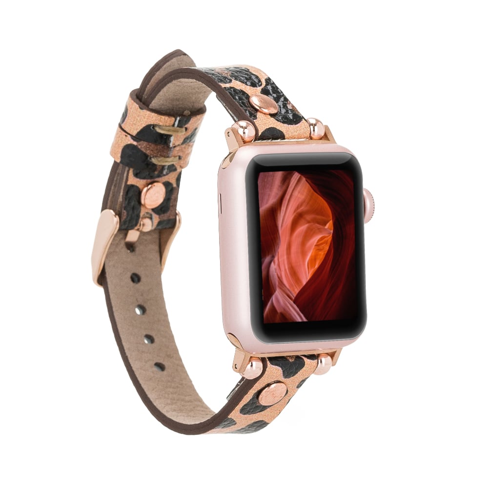 Luxury Leopard Furry Skinny Leather Apple Watch Band for All Series & Sizes with Rose Gold Rivet - MADUEM - 4