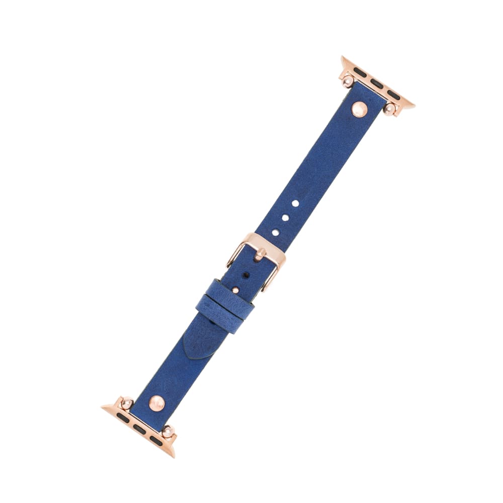 Luxury Sax Blue Skinny Leather Apple Watch Band for All Series & Sizes with Rose Gold Rivet - MADUEM - 5