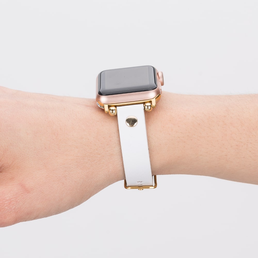 Luxury White Skinny Leather Apple Watch Band for All Series & Sizes with Gold Rivet - MADUEM - 11