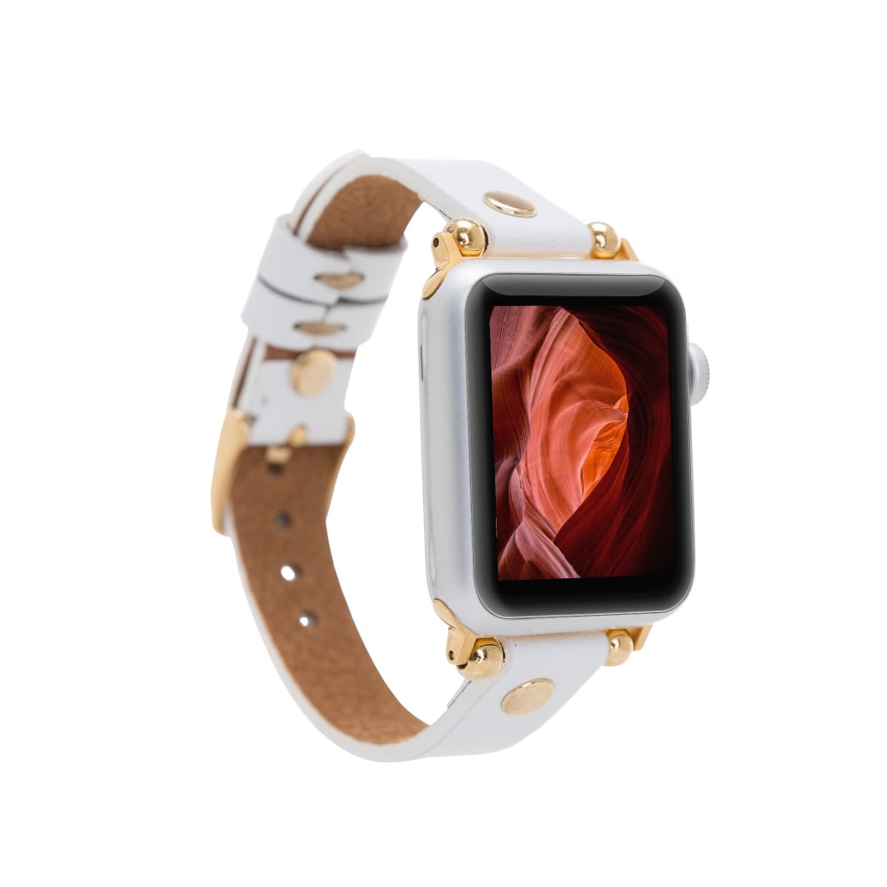 Luxury White Skinny Leather Apple Watch Band for All Series & Sizes with Gold Rivet - MADUEM - 12