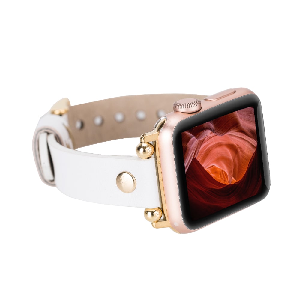 Luxury White Skinny Leather Apple Watch Band for All Series & Sizes with Gold Rivet - MADUEM - 18