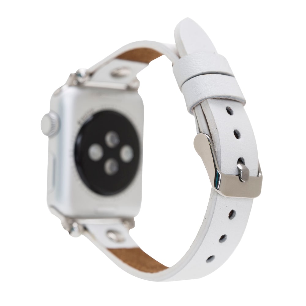 Luxury White Skinny Leather Apple Watch Band for All Series & Sizes with Silver Rivet - MADUEM - 1