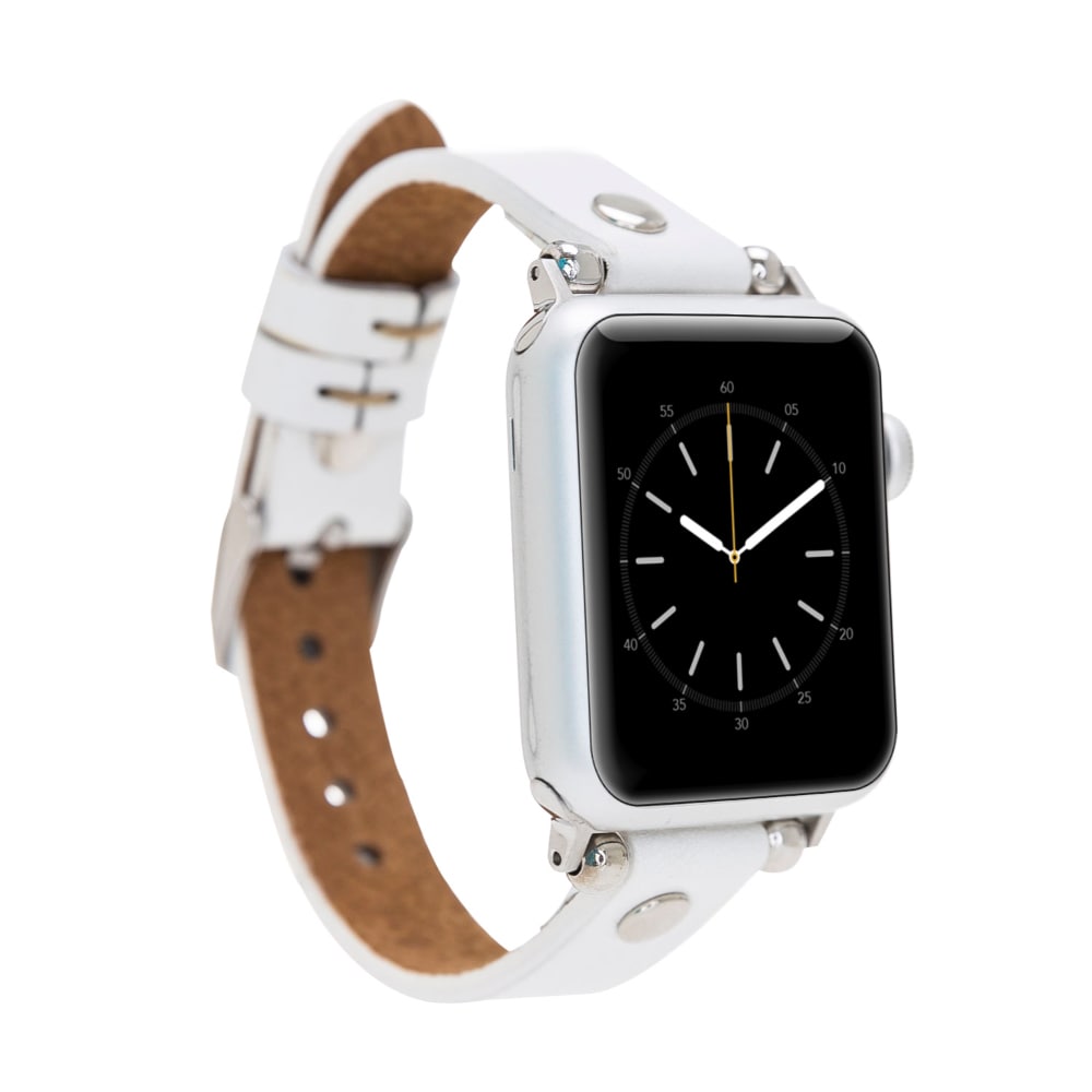 Luxury White Skinny Leather Apple Watch Band for All Series & Sizes with Silver Rivet - MADUEM - 2