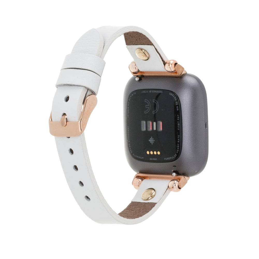 Luxury White Leather Fitbit Watch Band for All Series & Sizes with Rose Gold Rivet - MADUEM - 3