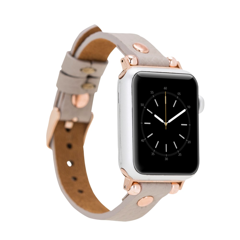 Luxury Beige Skinny Leather Apple Watch Band for All Series & Sizes with Rose Gold Trok - MADUEM - 1