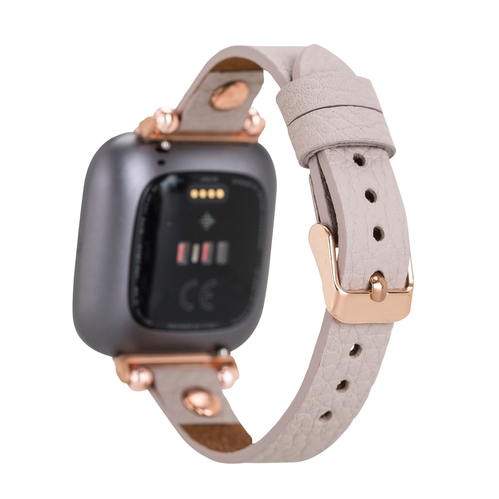 Luxury Beige Leather Fitbit Watch Band for All Series & Sizes with Rose Gold Rivet - MADUEM - 12